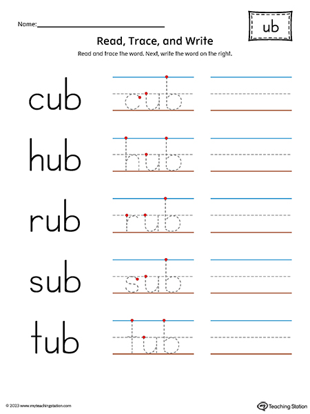 UB Word Family - Read, Trace, and Spell Printable PDF