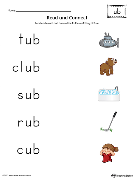 UB Word Family Read and Connect to Image Printable PDF