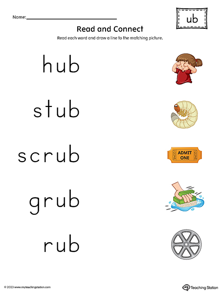 UB Word Family Read and Match Words to Pictures Printable PDF