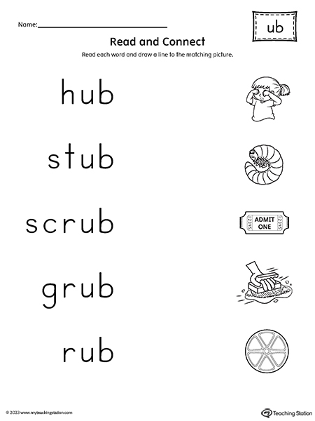 UB Word Family Read and Match Words to Pictures Worksheet