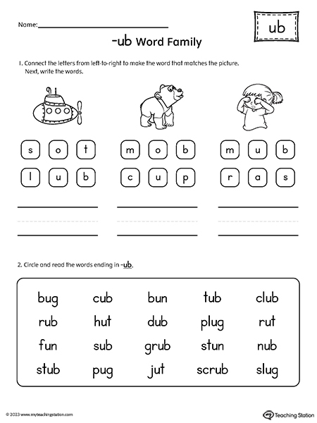 UB Word Family Read and Spell Simple Words Worksheet