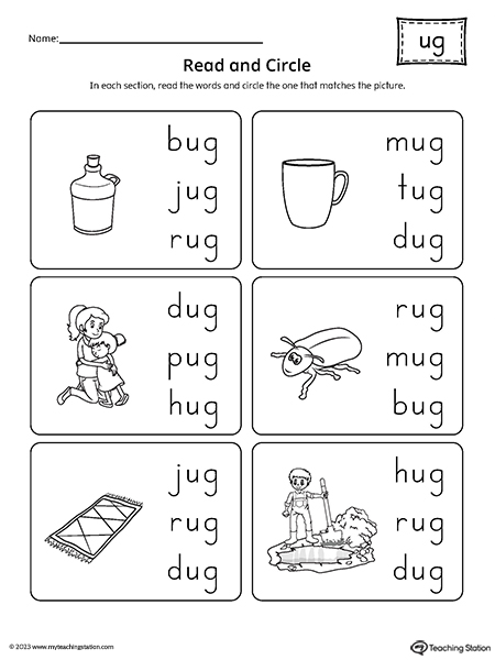 UG Word Family Match Picture to Words Worksheet