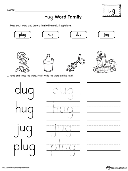 UG Word Family Match and Spell Words Worksheet
