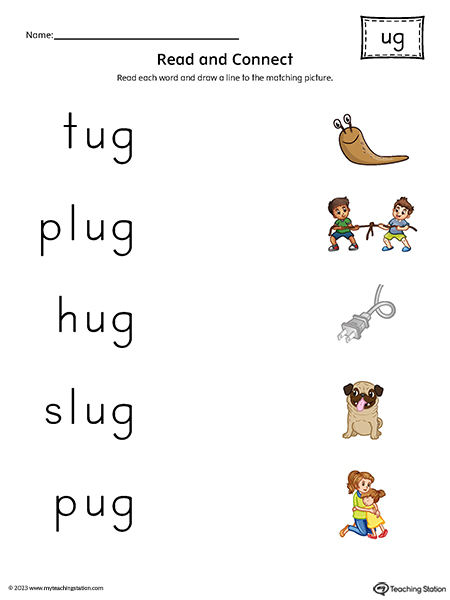 UG Word Family Read and Match Words to Pictures Printable PDF