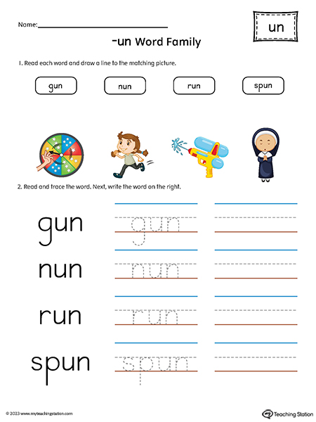 UN Word Family Match Pictures and Write Simple Words Printable PDF