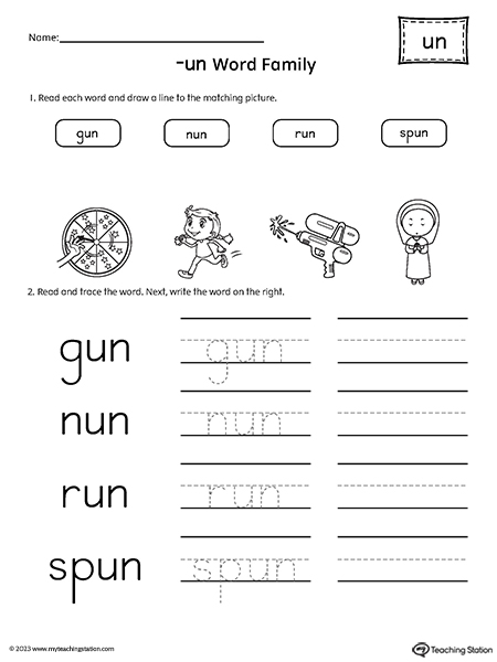 UN Word Family Match Pictures and Write Simple Words Worksheet