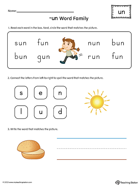 UN Word Family Match and Spell Printable PDF