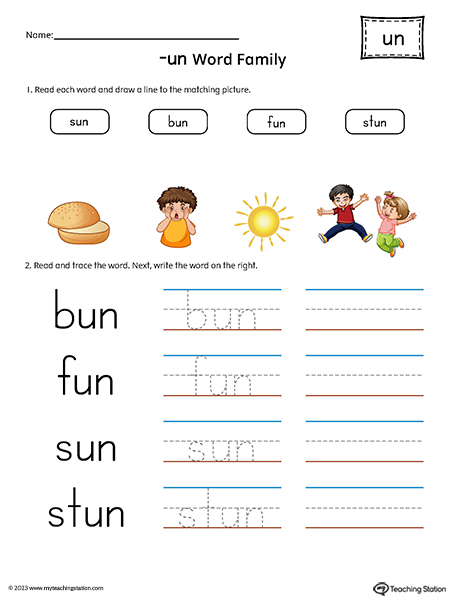 UN Word Family Match and Spell Words Printable PDF