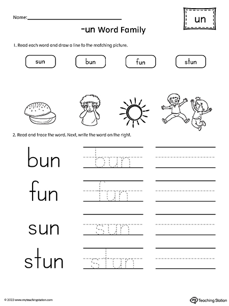 UN Word Family Match and Spell Words Worksheet