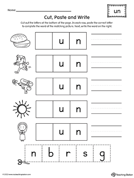 UN Word Family Picture Match Cut-and-Paste Worksheet