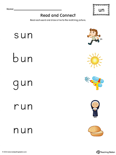 UN Word Family Read and Connect to Image Printable PDF