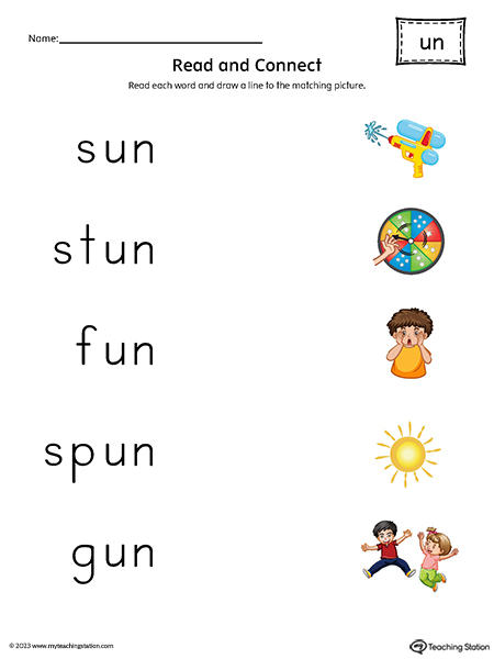 UN Word Family Read and Match Words to Pictures Printable PDF