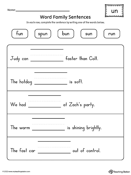 UN Word Family Sentences Worksheet