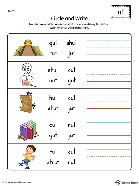 UT Word Family Match Word to Picture Printable PDF