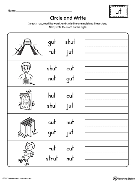 UT Word Family Match Word to Picture Worksheet
