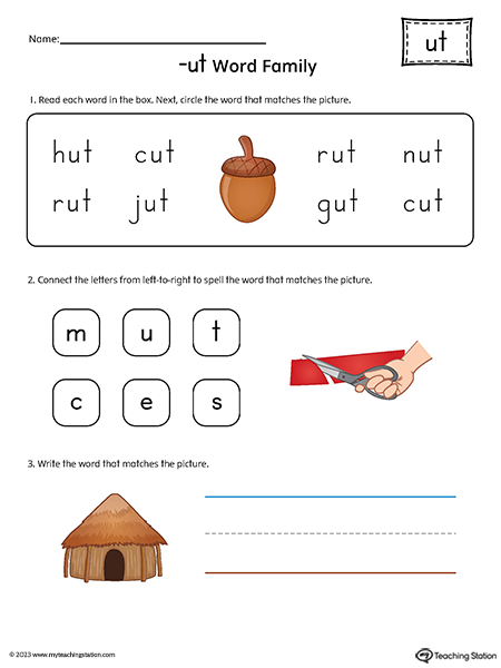 UT Word Family Match and Spell Printable PDF