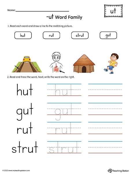 UT Word Family Match and Spell Words Printable PDF