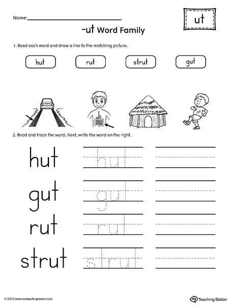 UT Word Family Match and Spell Words Worksheet