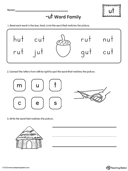 UT Word Family Match and Spell Worksheet