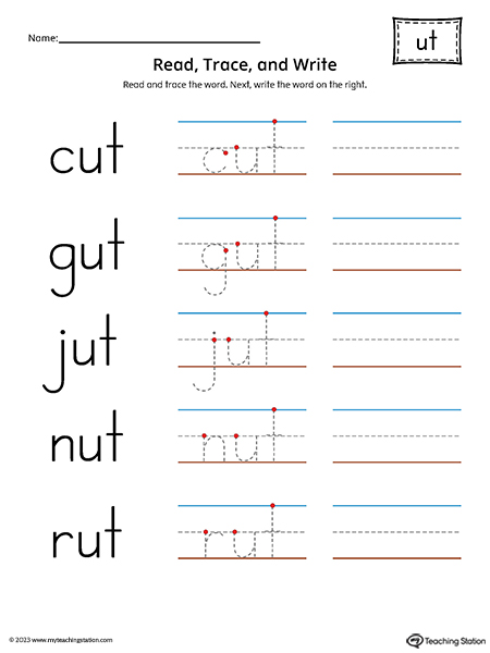 UT Word Family - Read, Trace, and Spell Printable PDF