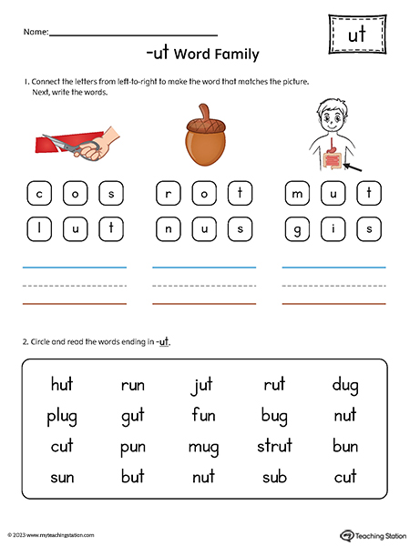 UT Word Family Read and Spell Simple Words Printable PDF
