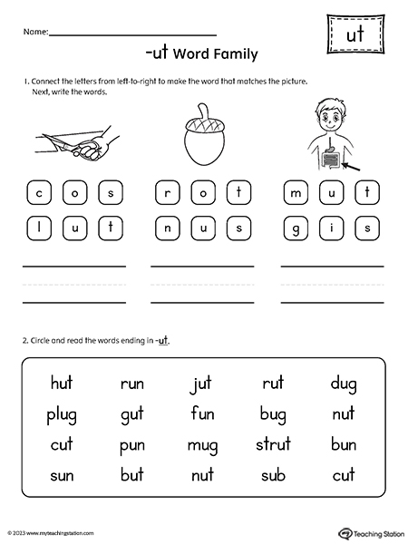 UT Word Family Read and Spell Simple Words Worksheet