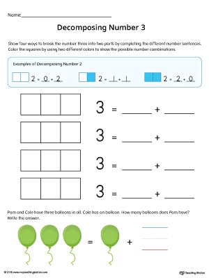 Decomposing Number 3 Worksheet in Color