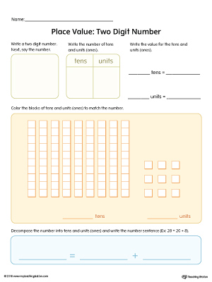 Place Value: Two Digit Number Worksheet (Color)