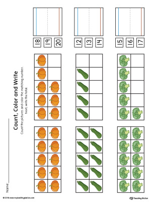 Identify the numbers fourteen, sixteen and eighteen using two ten-frames with this printable worksheet.