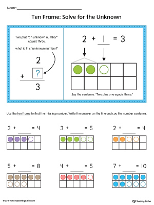 Ten Frame: Solve for the Unknown Worksheet in Color