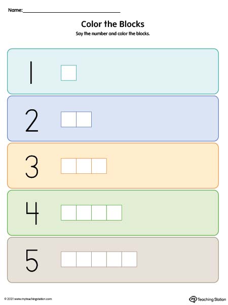 Color number blocks 1 through 5 printable worksheet for kids. Available in color.