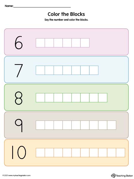 Preschool coloring number blocks 6 through 10 printable worksheet. Available in color.