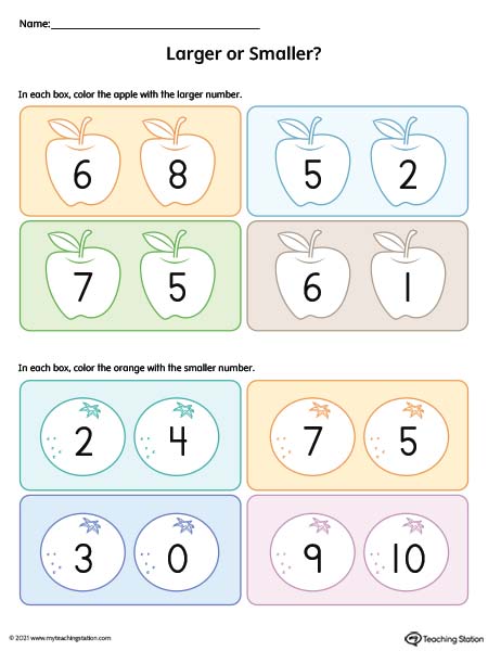 Comparing Numbers 1-10 Smaller and Larger Worksheet (Color)