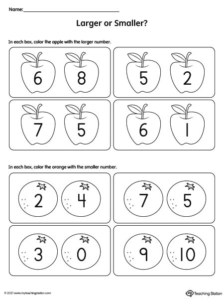 Comparing Numbers 1-10 Smaller and Larger Worksheet