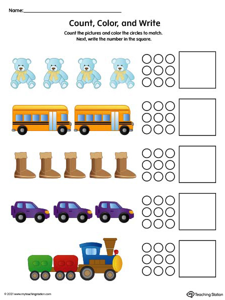 Preschoolers practice counting and number writing in this action-packed worksheet. Available in color.