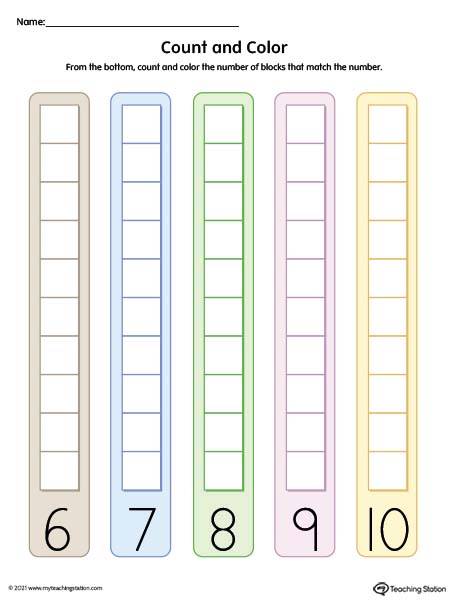 Count and Color Numbers 6-10 Printable Worksheet (Color)