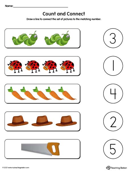 Count Pictures and Connect to Correct Number Worksheet (Color)