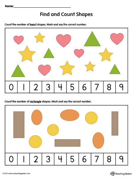 Counting shapes printables for pre-k kids. Available in color.