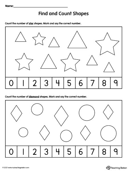 Counting shapes printables for pre-k kids.