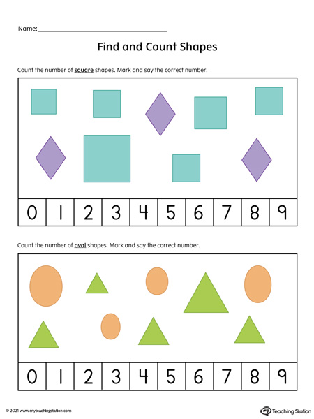 Use these counting worksheets to help pre-k and kindergarten students recognize different shapes while practicing number recognition. Available in color.