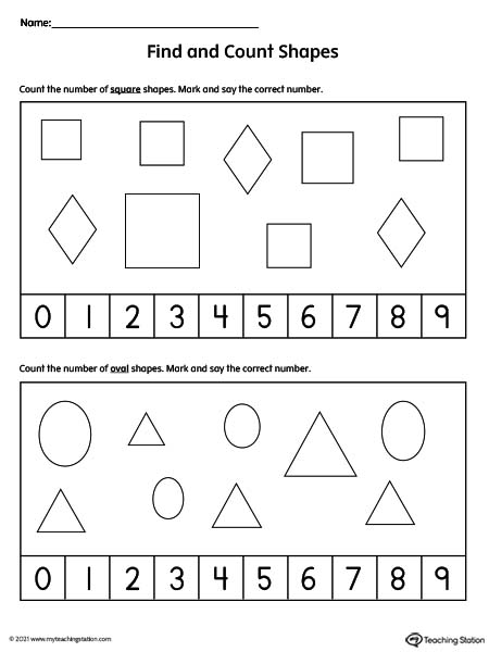 Use these counting worksheets to help pre-k and kindergarten students recognize different shapes while practicing number recognition.