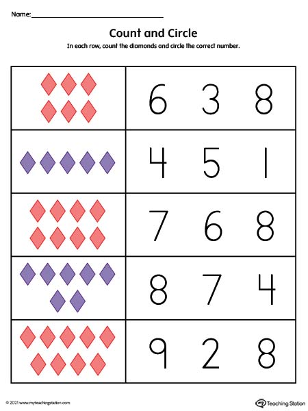 Count and Circle Numbers 1-10 Printable Worksheet (Color) |  MyTeachingStation.com