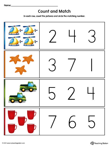 Count and Match Printable Worksheet (Color)