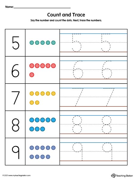 Count and trace numbers 5 through 9 in this printable worksheet. Available in color.