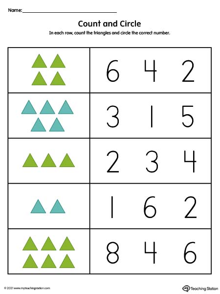 Counting Numbers 1-10 Worksheet: Triangles (Color)