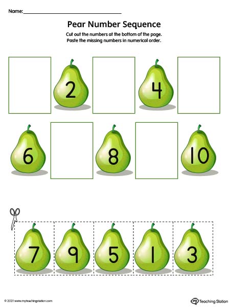 Cut and paste number sequence printable worksheet. Featuring numbers 1-10. PreK worksheets. Available in color.