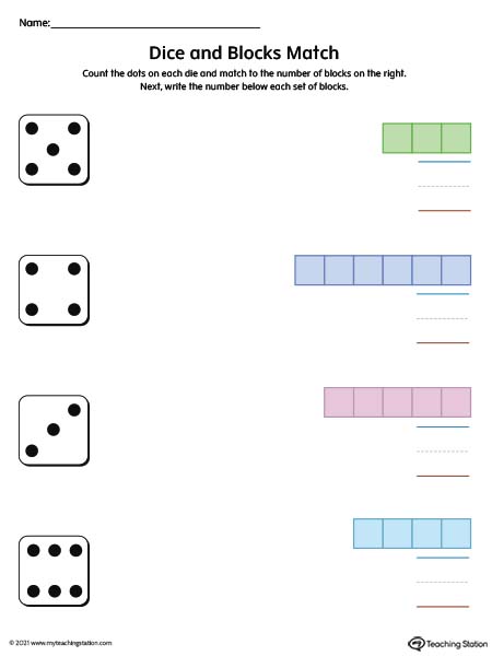 Dice number match worksheet for preschool and kindergarten kids. Available in color.