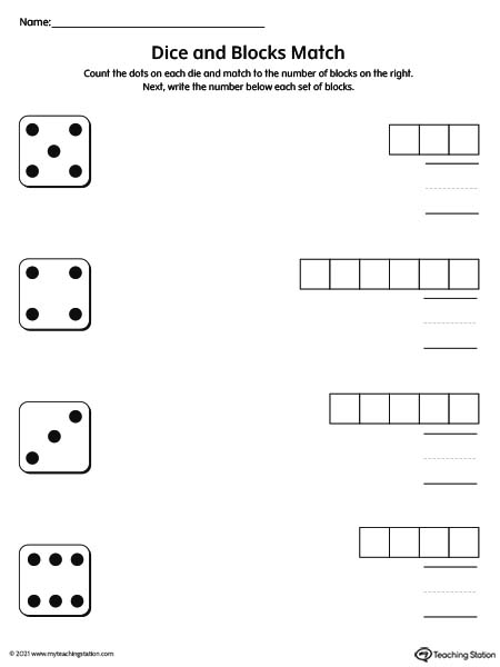 Dice number match worksheet for preschool and kindergarten kids.