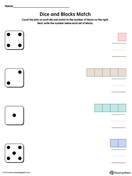 Use dice to help kids count and match the number with this printable worksheet. Available in color.