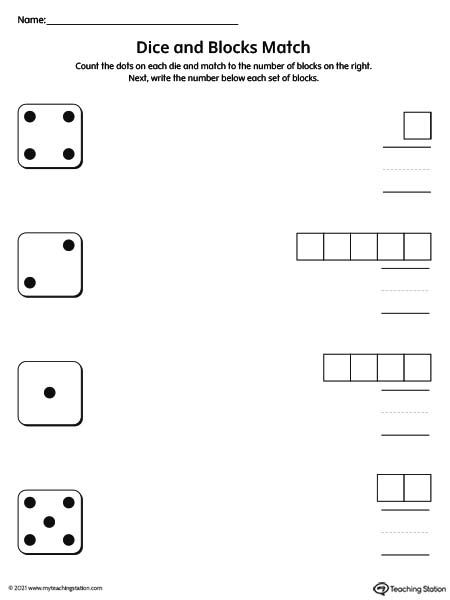 Use dice to help kids count and match the number with this printable worksheet.